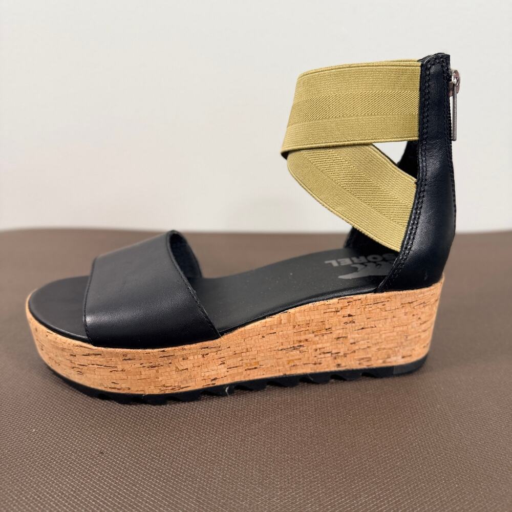 Sorel Black and Olive Cork Wedge Sandals